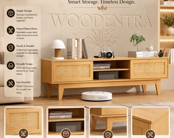 Boho TV Stand for 55-65 Inch TV, Rattan Entertainment Center with Sliding Doors, Wood Media Console Cabinet for Living Room