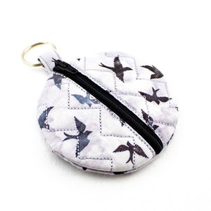 Silver Keychain Zip Pouch for Earbuds Money Chap-stick Makeup ID Bird Keyring Fabric Case image 1