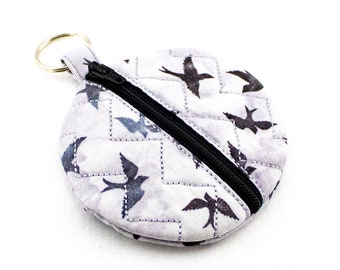 Silver Keychain Zip Pouch for Earbuds Money Chap-stick Makeup ID Bird Keyring Fabric Case