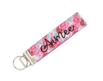 Personalized Keychain Wristlet - Add Embroidered Monogram or Name Pink and Red Roses Keychain