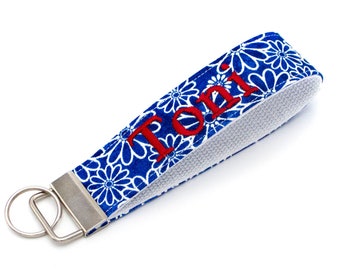 Embroidered Blue Daisy Keychain Wristlet - Add Your Own Monogram or Message on Both Sides