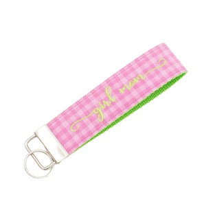 Pink Plaid Fabric Keychain Wristlet: Custom Embroidered Key Fob