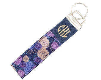 Customizable Blue Denim and Floral Keychain Wristlet with Embroidered Monogram - Personalized Accessory for Bags and Keychains