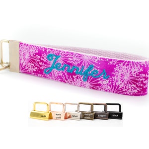 Pink Floral Keychain Wristlet: Custom Embroidered Key Fob