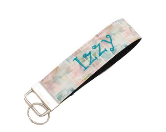 Boho Key Fob in Teal and Pink - Customizable Embroidered Keychain with Monogram or Name - Add Embroidery to Both Sides of Key Fob Wristlet