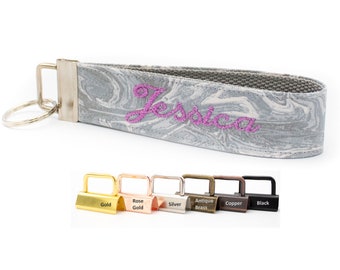 Silver Marble Keychain Wristlet - Wrist Lanyard Key Fob - Custom Embroidered with Your Name or Monogram - You Pick The Color Combination