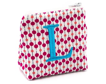 Pink and Coral Zippered Coin Pouch for Earbuds, Medication, Pacifier, Small Items - Add Embroidered Initial or Monogram