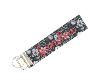 Personalized Keychain - Black and White Floral Keychain Wristlet with Monogram or Name Embroidered - Customizable Gift for Her