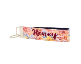 Floral Keychain Wristlet with Custom Embroidered Monogram - Name or Phrase - Autumn Must Have