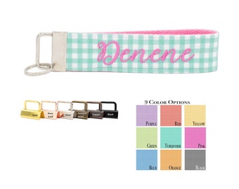 Keychain Wristlet in 9 Colors - Pink Gingham Keychain - Custom Embroidered - Pick Your Color Combination