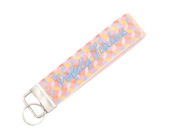 Handmade Retro Design Wristlet Keychain in Pink Blue Yellow - Personalized with Embroidered Monogram or Name - Embroider on Both Sides!