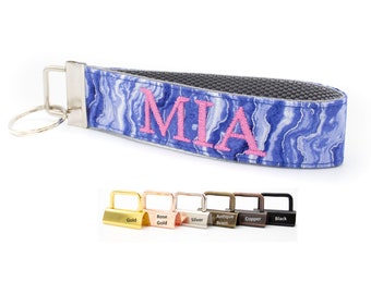 Blue and Silver Keychain Wristlet - Wrist Lanyard Key Fob - Custom Embroidered with Your Name or Monogram - You Pick The Color Combination