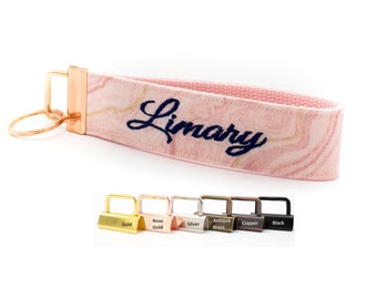 Gold Pink Marble Keychain Wristlet - Wrist Lanyard Key Fob - Custom Embroidered with Your Name or Monogram - You Pick The Color Combination