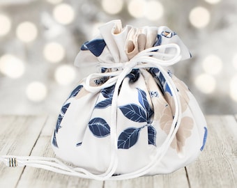 Floral Satin Jewelry Pouch: White, Blue & Champagne Gold, Eight Pockets