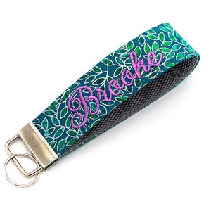 Wrist Keychain Emerald Green Vine Fabric Wristlet Personalize with Custom Embroidered Monogram, Name or Phrase Pick Your Colors image 1