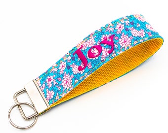 Personalized Floral Keyfob Wristlet Keychain, Embroidered Name, Phrase, 3 Letter Monogram or Single Initial, Pick Your Color Combination