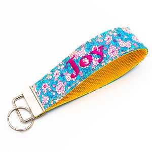 Personalized Floral Keyfob Wristlet Keychain, Embroidered Name, Phrase, 3 Letter Monogram or Single Initial, Pick Your Color Combination