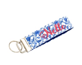 Blue Floral Keychain - Wrist Lanyard - Pick The Color For Your Custom Embroidered Name - Blue Floral Vine Wristlet Key Fob