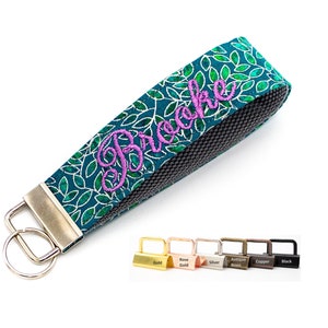 Wrist Keychain Emerald Green Vine Fabric Wristlet Personalize with Custom Embroidered Monogram, Name or Phrase Pick Your Colors image 2
