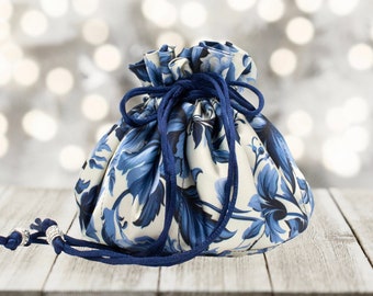 Navy Blue Floral Satin Drawstring Pouch with Eight Pockets - Customize with Your Favorite Color Satin Interior!