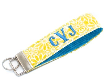 Yellow Daisy Wrist Key Fob Keychain, Wristlet with Custom Embroidered Name, 3 Letter Monogram or Single Initial, Pick Your Color Combination