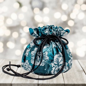 Teal Floral Satin Jewelry Pouch: Drawstring Travel Organizer