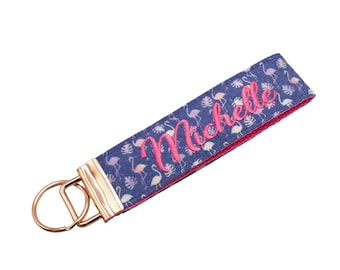 Personalized Pink Flamingo Key Fob Wristlet - Add Your Own Initial, Monogram,Name or Phrase - Embroider on Both Sides!