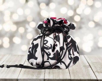 Black and White Floral Scroll Satin Drawstring Pouch with Eight Pockets - Customize with Your Favorite Color Satin Interior!