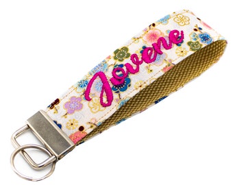 Wrist Keychain, Floral Fabric Wristlet Embroidered with Name, Phrase, 3 Letter Monogram or Initial, Pick Your Color Combination
