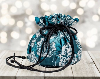Satin Jewelry Pouch, Teal Floral Satin Drawstring Jewelry Pouch with Eight Pockets, Select Interior Color