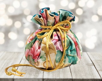 Satin Drawstring Jewelry Pouch with Eight Pockets - Teal, Pink & Gold Floral Jewelry Bag - Customize with Your Favorite Color Satin Interior