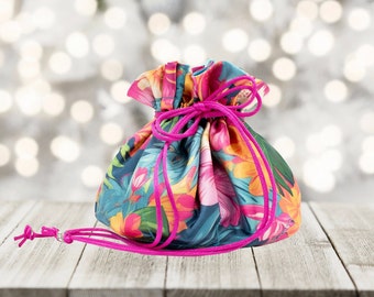 Tropical Floral Satin Drawstring Pouch with Eight Pockets - Customize with Your Favorite Color Satin Interior!