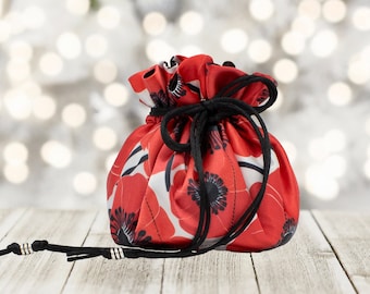 Red Floral Satin Jewelry Pouch with Pockets - Customizable Interior, Drawstring Closure