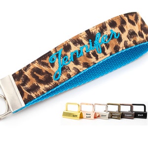 Leopard Keychain Wristlet: Embroidered Monogram Key Fob
