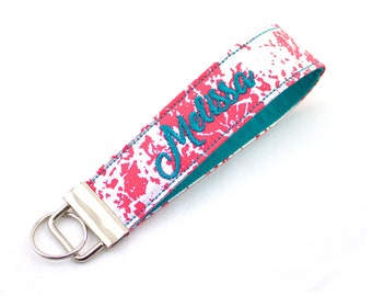 Silver Metallic and Coral Keychain Wristlet, Personalized with Embroidered Monogram, Name, Initial or Phrase, Pick Your Color Combination