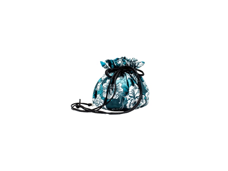 Satin Jewelry Pouch, Teal Floral Satin Drawstring Jewelry Pouch with Eight Pockets, Select Interior Color image 4