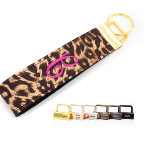 Leopard Keychain Wristlet: Embroidered Monogram Key Fob