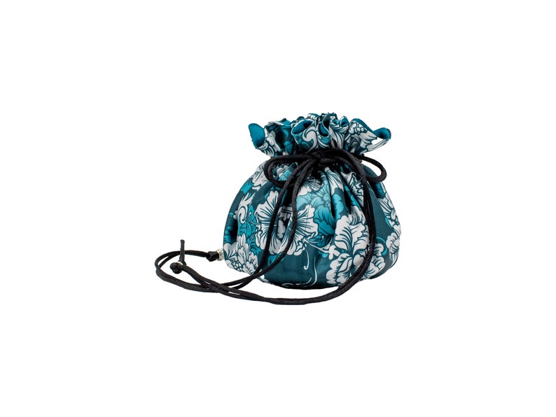 Satin Jewelry Pouch, Teal Floral Satin Drawstring Jewelry Pouch with Eight Pockets, Select Interior Color image 3