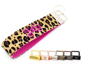 Cheetah Keychain Wrist Lanyard, Wristlet Key Fob with Embroidered Monogram, Initial, Name or Phrase - Pick Embroidered Monogram Color