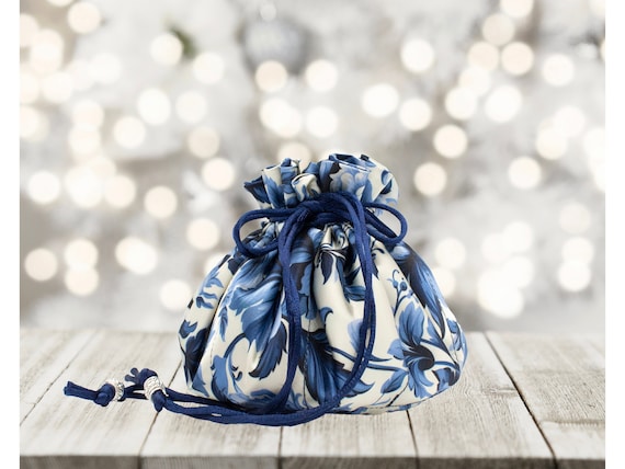 Floral Satin Drawstring Pouch: Navy Blue, Eight Pocket, Customizable