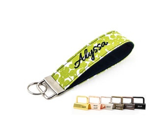 Green Floral Keychain Wristlet, Add Custom Embroidery, Monogram, Name or Phrase, Choose Your Color Combination