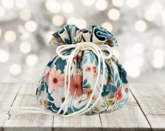 Teal and Coral  Floral Satin Drawstring Pouch with Eight Pockets - Customize with Your Favorite Color Satin Interior!