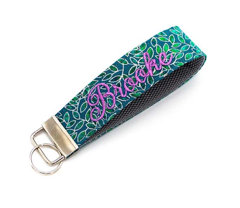 Wrist Keychain Emerald Green Vine Fabric Wristlet Personalize with Custom Embroidered Monogram, Name or Phrase Pick Your Colors image 1