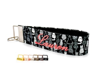 Cat Lover Keychain Wristlet: Embroidered Monogram Key Fob