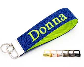 Blue Key Fob Wristlet - Personalized Keychain with Embroidered Name, Monogram or Phrase, Pick Your Custom Color Combination Keyfob