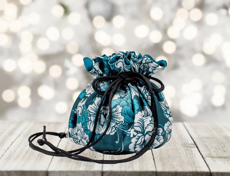 Satin Jewelry Pouch, Teal Floral Satin Drawstring Jewelry Pouch with Eight Pockets, Select Interior Color image 1