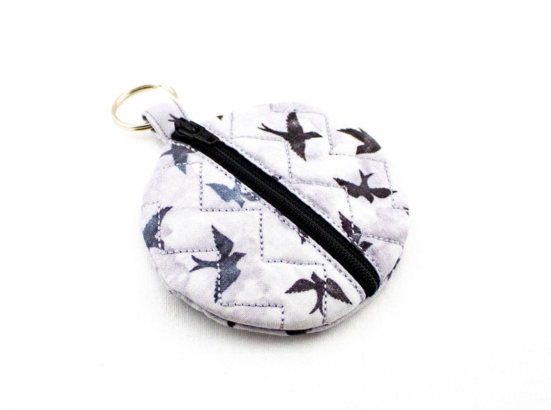Silver Keychain Zip Pouch for Earbuds Money Chap-stick Makeup ID Bird Keyring Fabric Case image 1