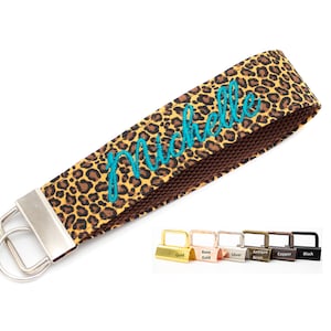 Leopard Print Keychain: Embroidered Monogram Wristlet Key Fob