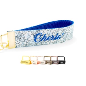 Monogrammed Blue Floral Wristlet Keychain - Wrist Lanyard Keyfob - Add Embroidered Name Phrase 3 Letter Monogram or Single Initial