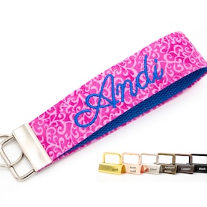 Personalized Wrist Key Fob - Monogram Keychain - Custom Pink Fabric Key Wristlet - Monogram Travel Bag Tag -Pretty Pink Vine Keyfob